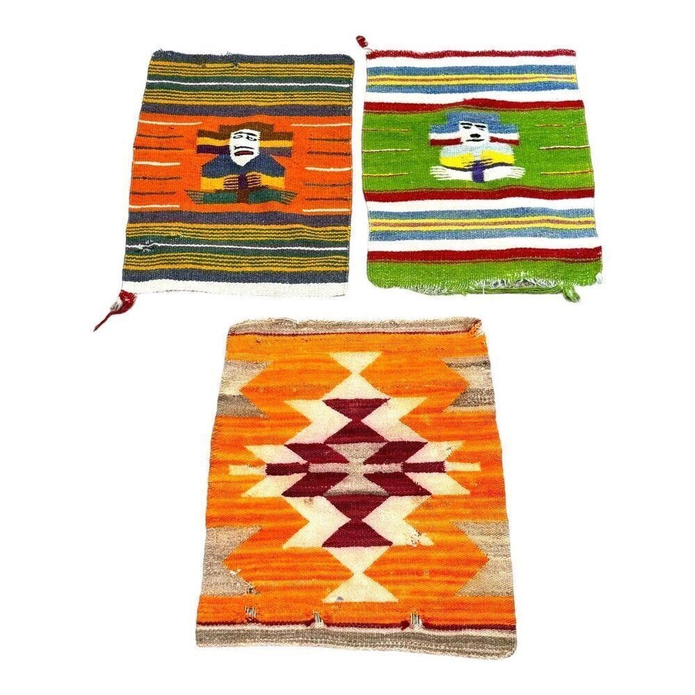 Vintage Hand woven Small Southwestern Rugs Set Of 3 Aztec Design Placemats SEE